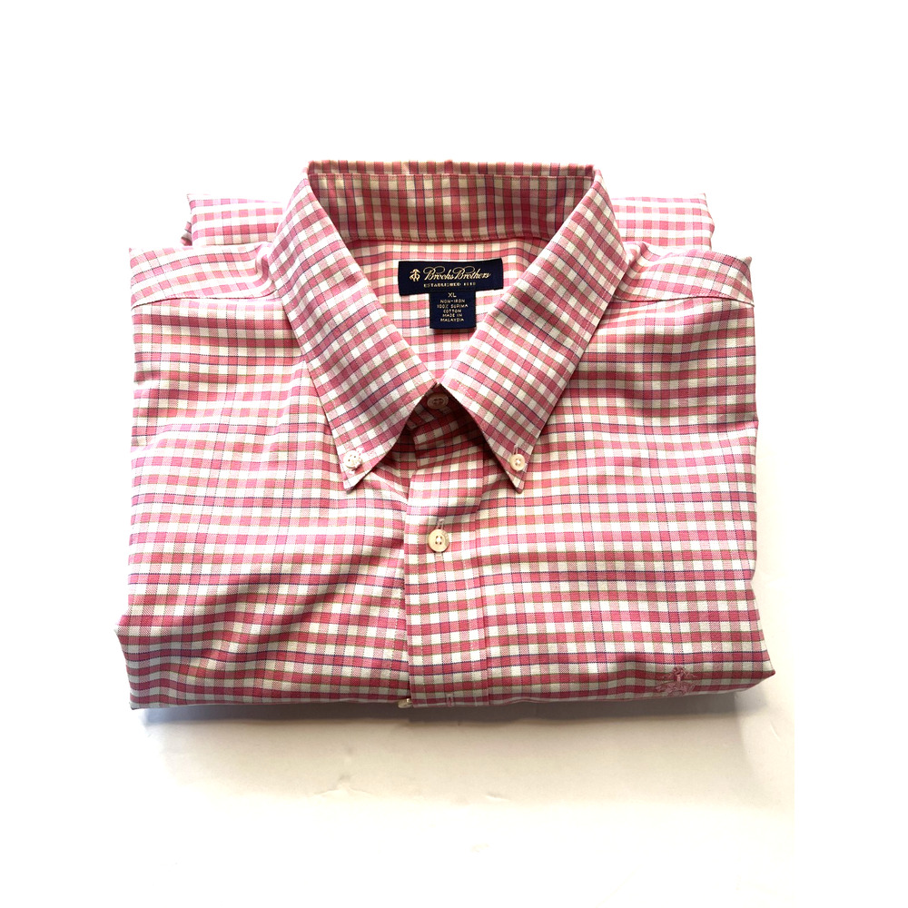 Mens Red White Gingham Check Long Sleeve Button Down Casual Dress Shirt Size L